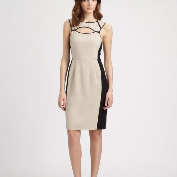 BCBGMaxAzria Woman's Sz 2 Kelsee Stretch Woven Colorblock Dress Tan Black Office - Picture 1 of 10